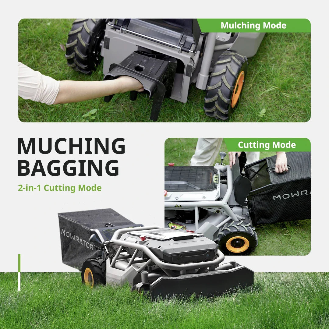 pack multifonction : tondeuse à gazon mowrator s1 2 roues motrices 12 ah, sac à benne basculante automatique et lames de paillage