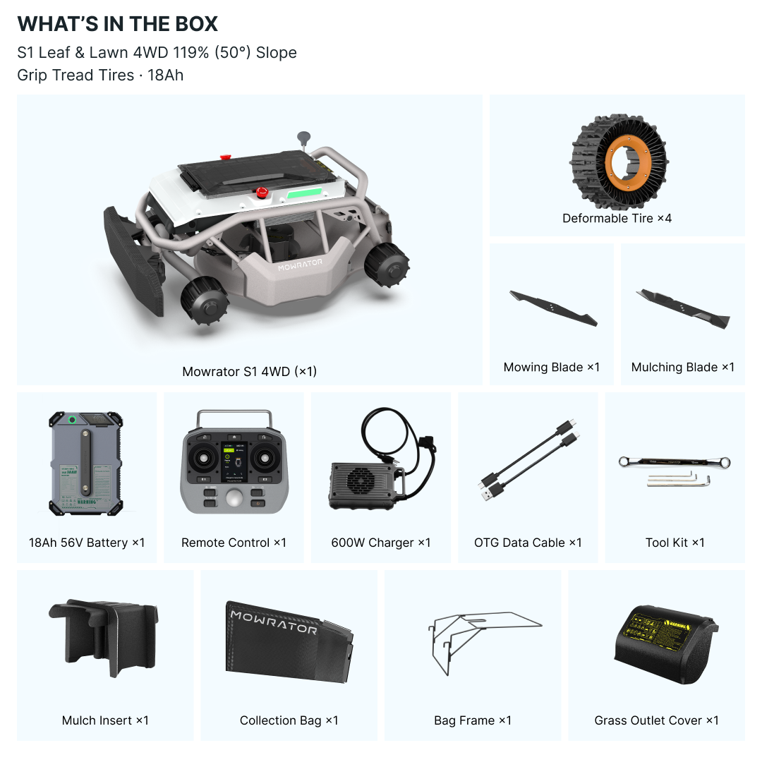 mowrator s1 leaf & lawn 4wd 18ah 119%(50°) extreme slope with leaf shredding vacuum