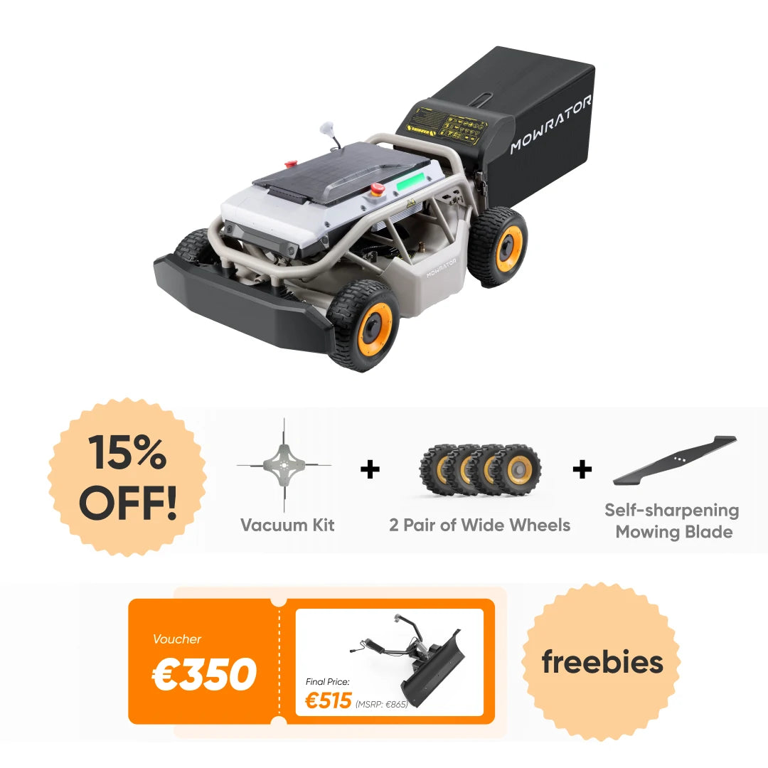 all-season master bundle: mowrator s1 4wd 18ah lawn mower+2 pair of wide wheels+vacuum kit+self-sharpening mowing blades