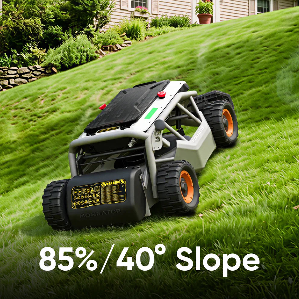 mowrator s1 remote control lawn mower 4wd 85% slope with leaf shredding vacuum (with wide wheels)