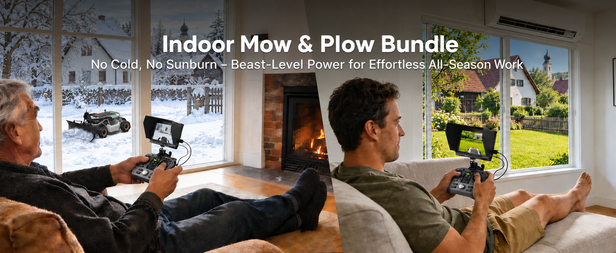 Person sitting on a sofa using a remote control while a robotic snow plow clears a snowy driveway