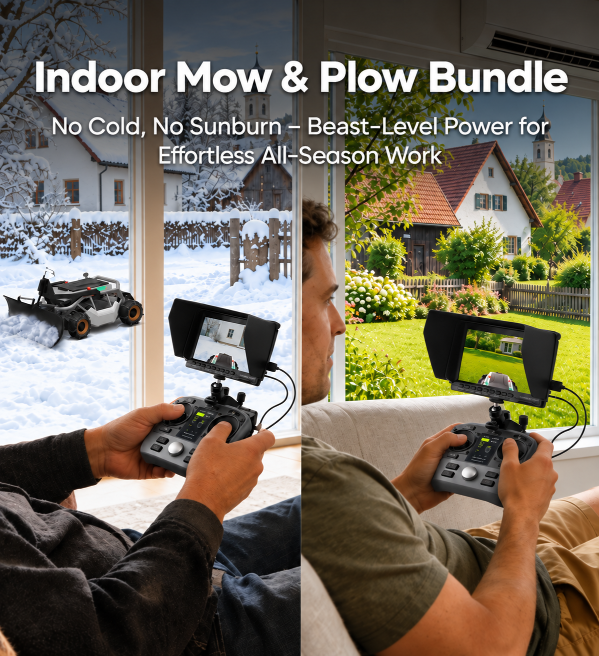 Person sitting on a sofa using a remote control while a robotic snow plow clears a snowy driveway