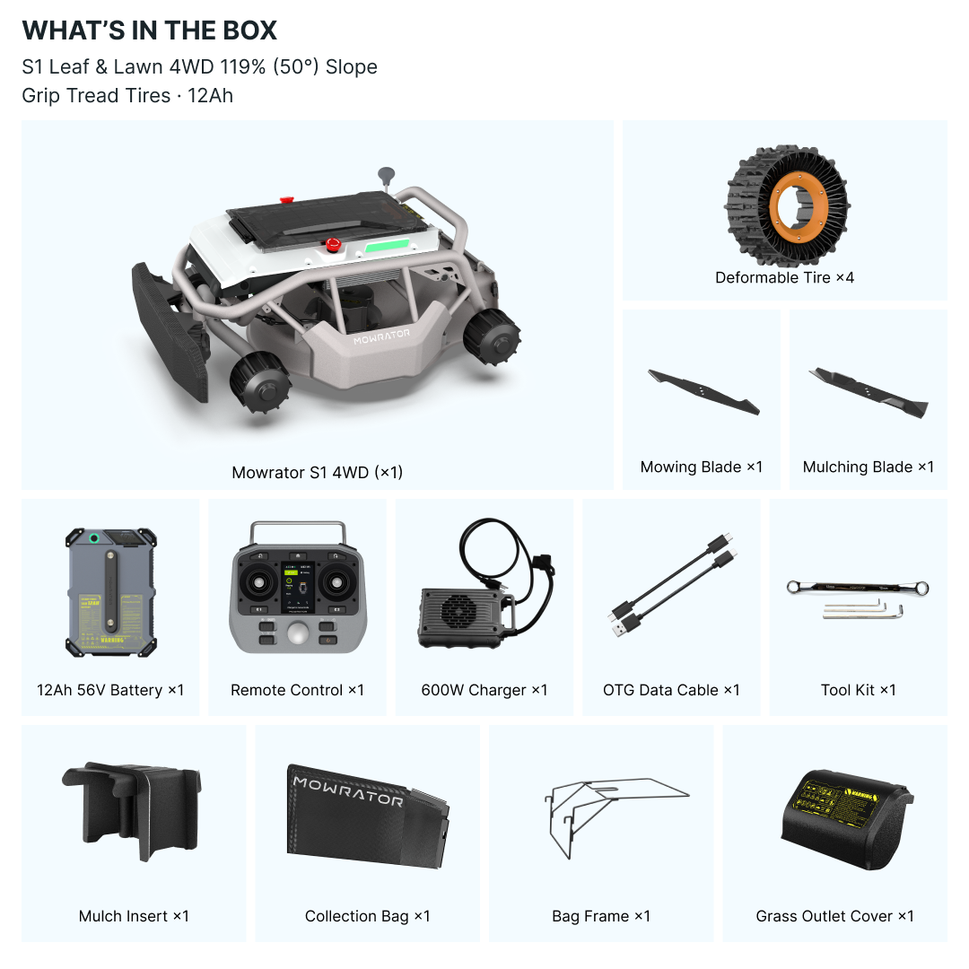 mowrator s1 leaf & lawn 4wd 12ah extreme climber with leaf shredding vacuum | 119% (50°) climbing ability
