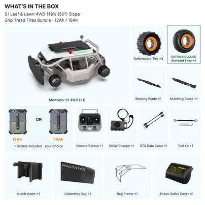 Mowrator S1 4WD Leaf & Lawn Extreme Slope Bundle – 119% (50°) + 4 Free Standard Tires