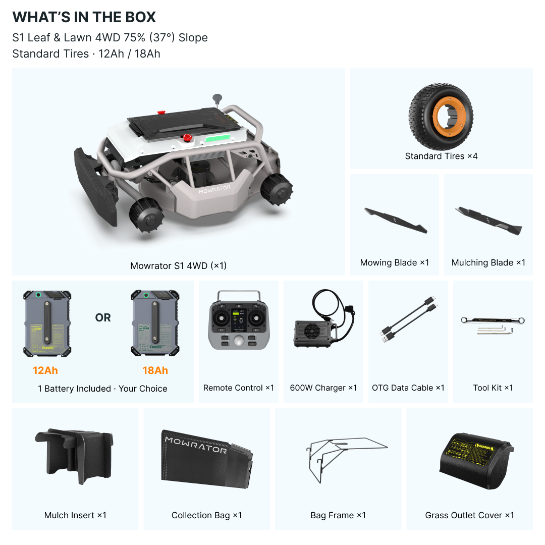 mowrator s1 tondeuse télécommandée 4wd 18ah pour pentes à 75% avec aspirateur-broyeur de feuilles