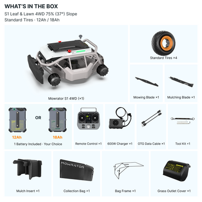 Mowrator S1 Tondeuse Télécommandée 4WD 18Ah Pour Pentes À 75% Avec Aspirateur-Broyeur De Feuilles