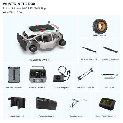Mowrator S1 Laub- & Rasen-4WD 85 % Steigung mit Laubsaug- und Häckselfunktion (mit Breitreifen)